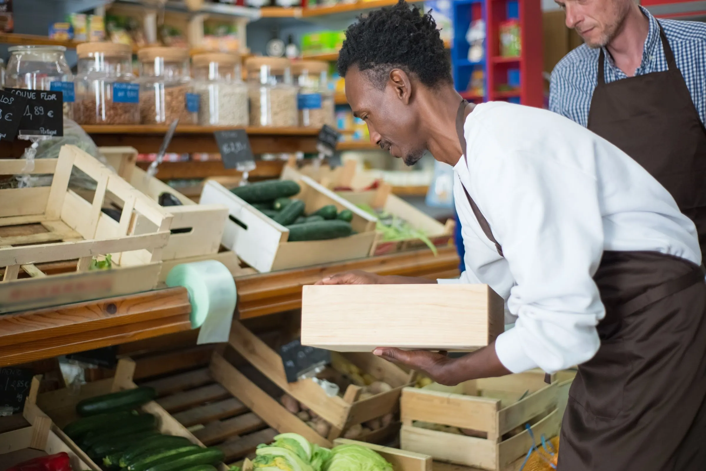 A volunteer stacking crates of fresh vegetables onto shelves